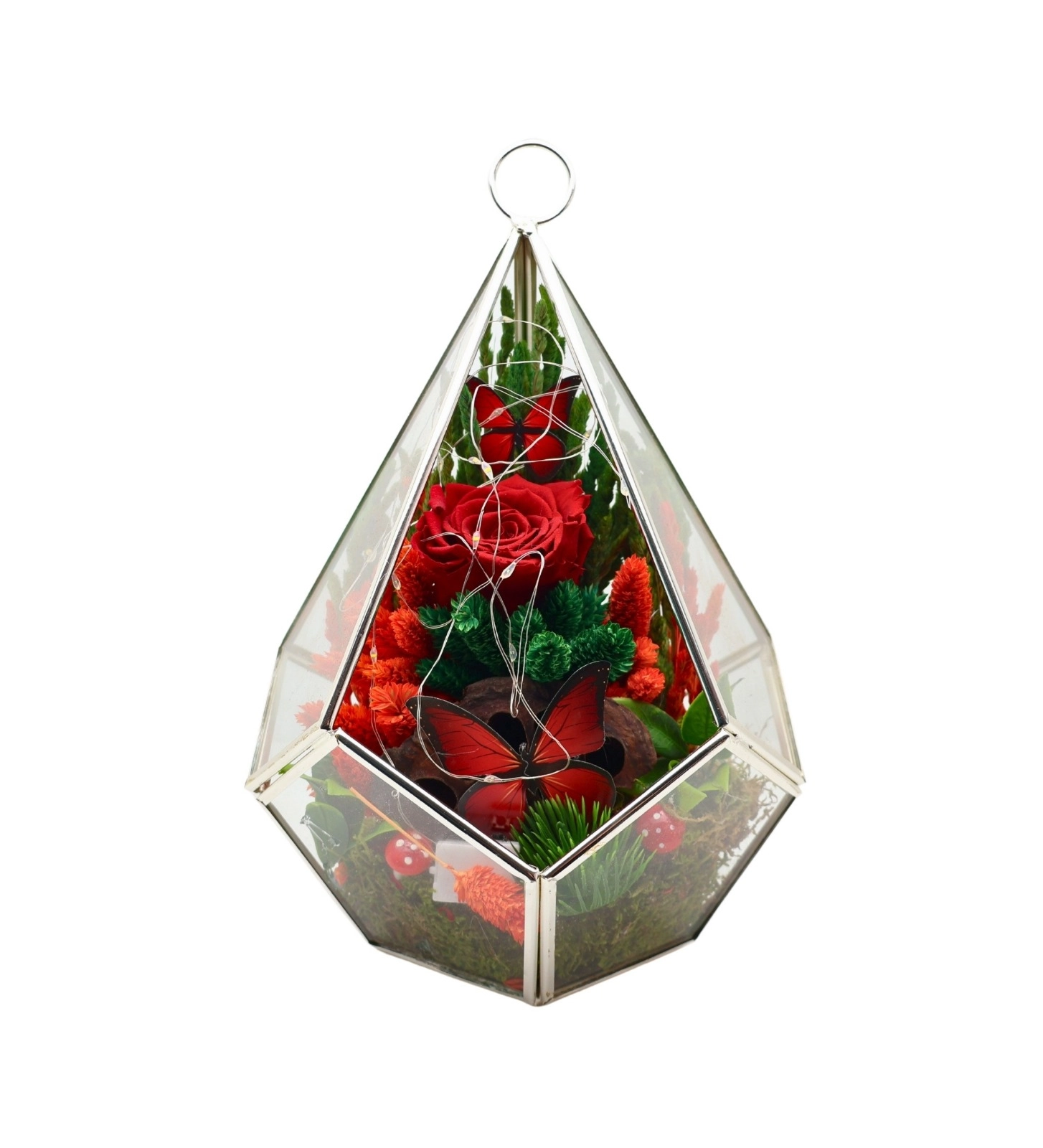Sevdiklerinize Özel Solmayan Gül Işıklı Teraryum (Kırmızı Gül)