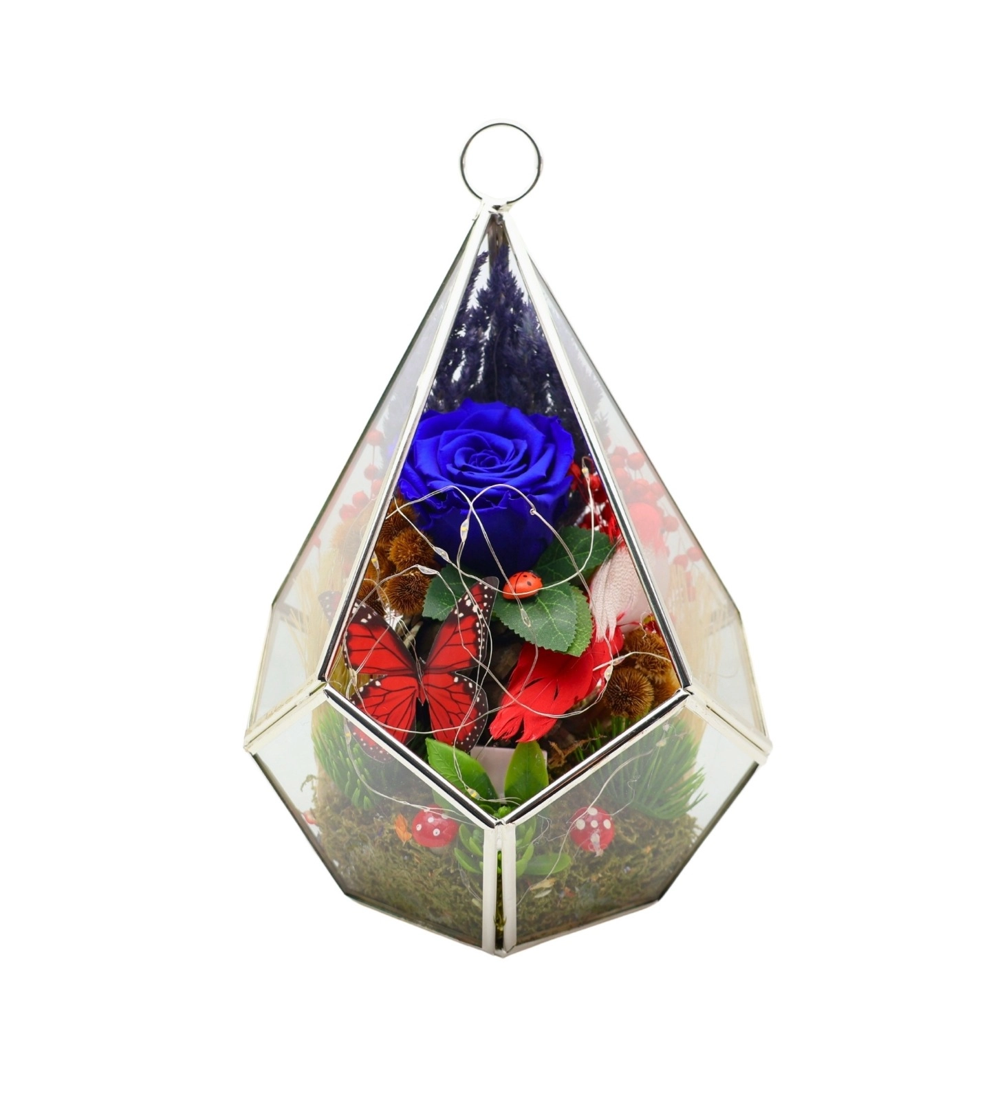 Sevdiklerinize Özel Solmayan Gül Işıklı Teraryum (Mavi Gül)