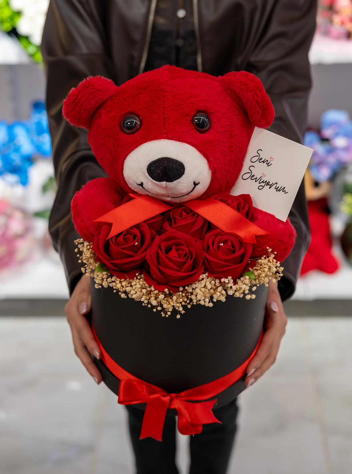 Silindir Kutuda Ayıcık ve Gül ''Seni Seviyorum''