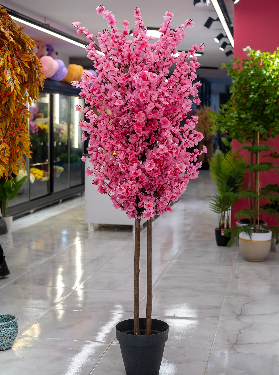 Saksıda Yapay 2 Gövdeli Bahar Dalı Ağacı 180 Cm Pembe