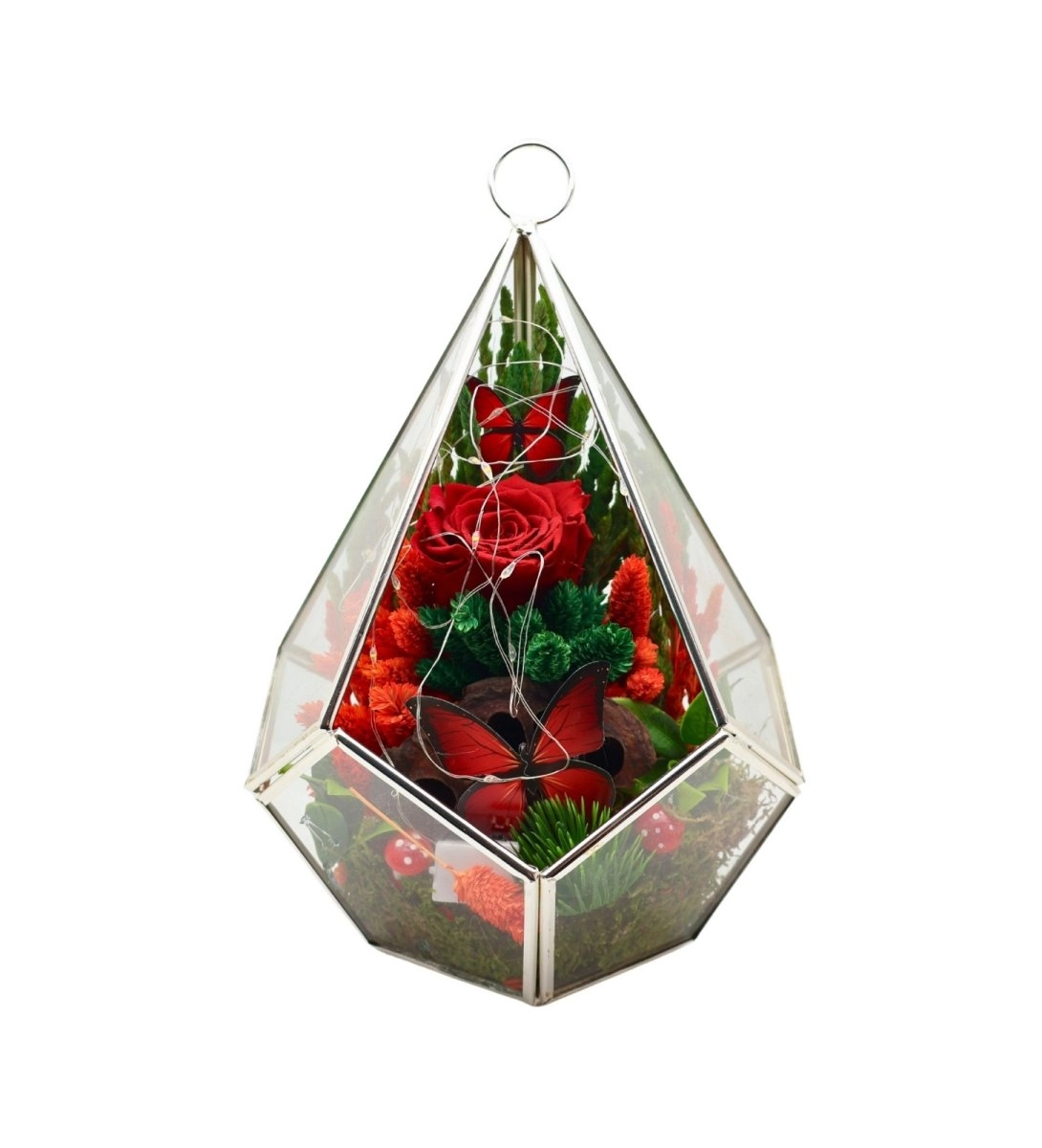 Sevdiklerinize Özel Solmayan Gül Işıklı Teraryum (Kırmızı Gül)