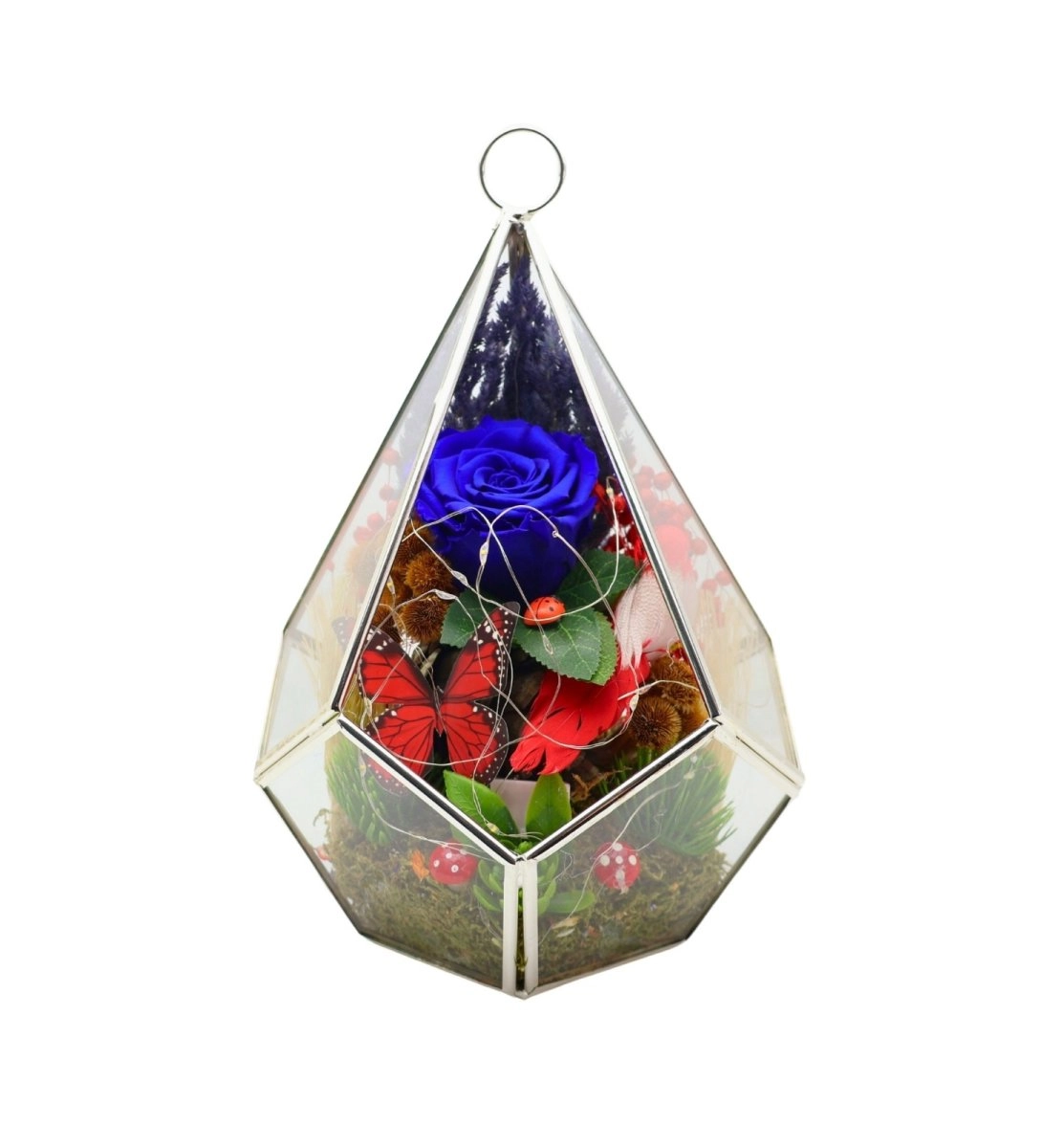 Sevdiklerinize Özel Solmayan Gül Işıklı Teraryum (Mavi Gül)