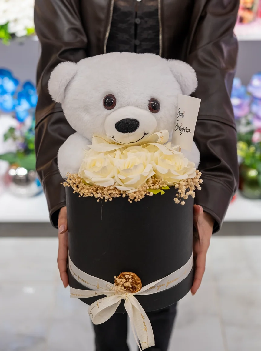 Silindir Kutuda Ayıcık ve Gül ''Seni Seviyorum''