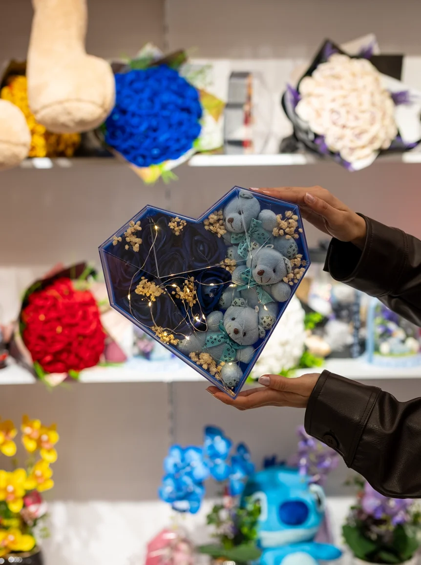 Mavi Ayıcıklı Ve Güllü Işıklı Kalpli Kutu