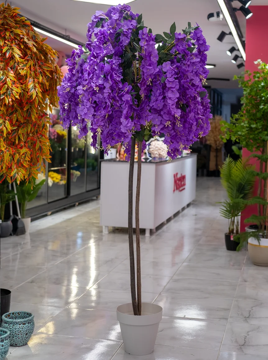 Saksıda Yapay 2 Gövdeli Akasya Ağacı 180 Cm Mor