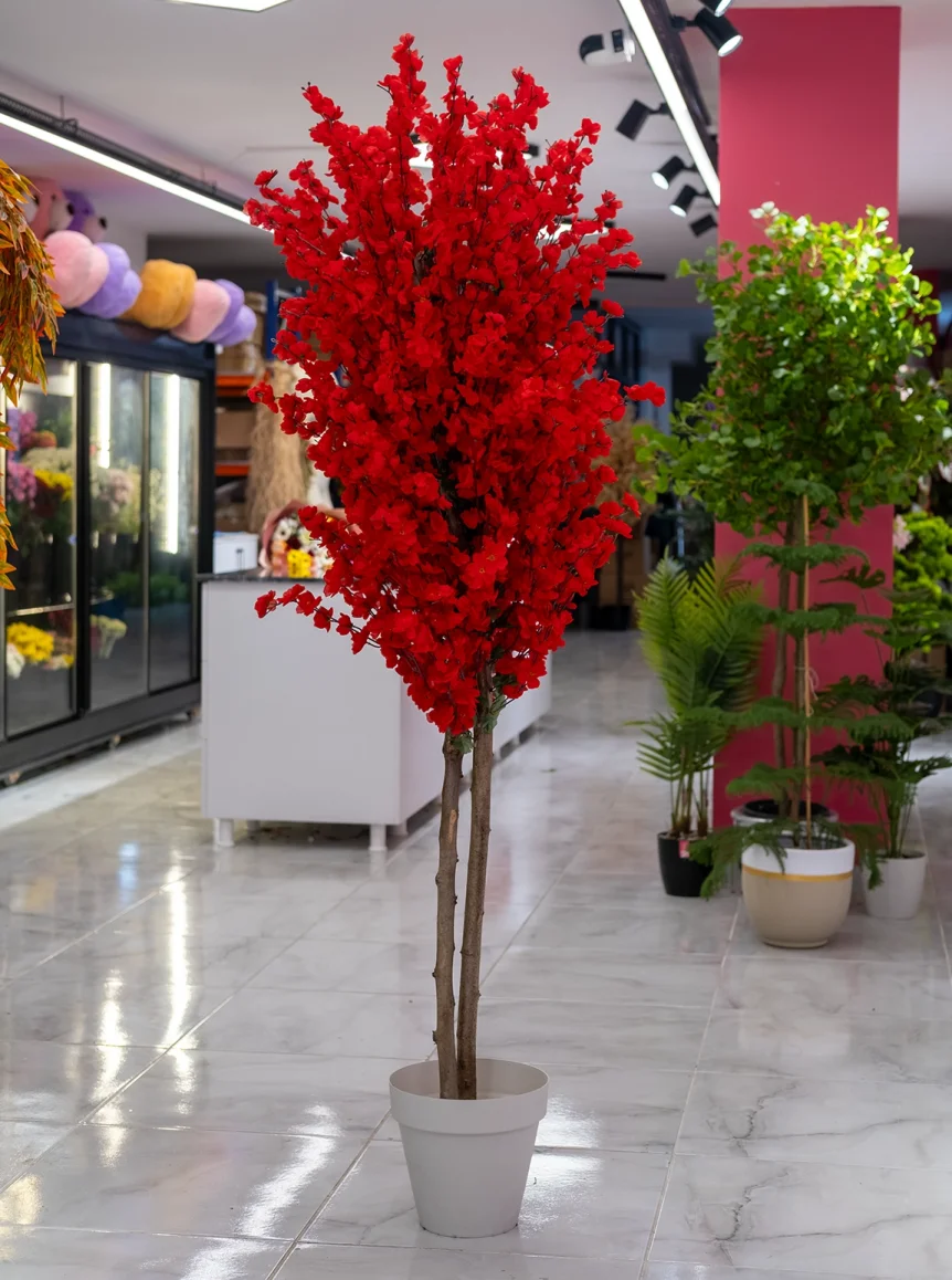 Saksıda Yapay 2 Gövdeli Bahar Dalı Ağacı 180 Cm Kırmızı