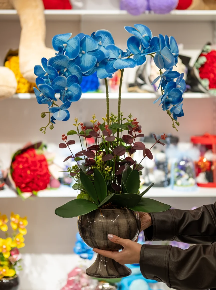 Yapay Islak Orkide İki Dal Mavi