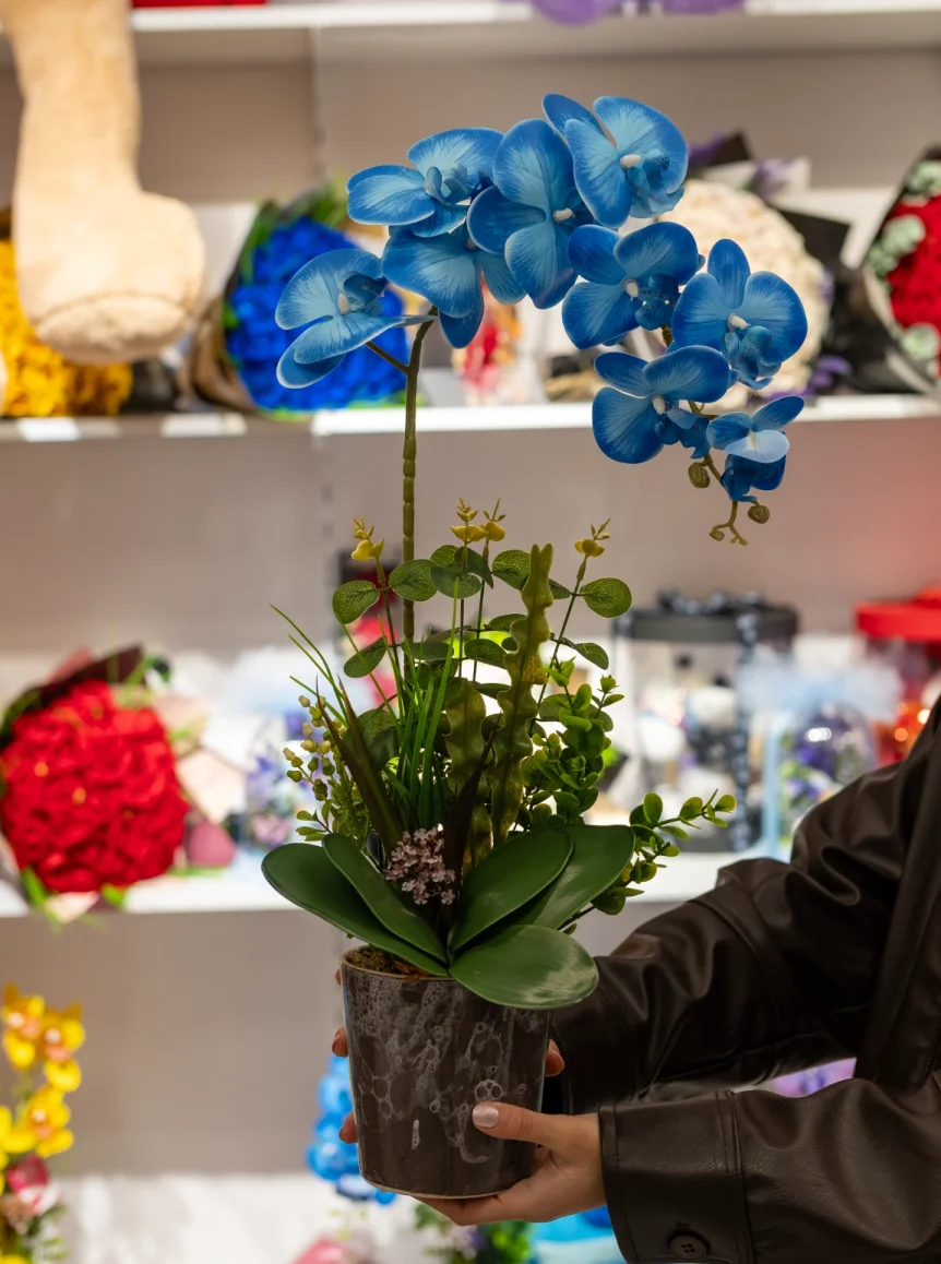 Yapay Islak Orkide Tek Dal Mavi
