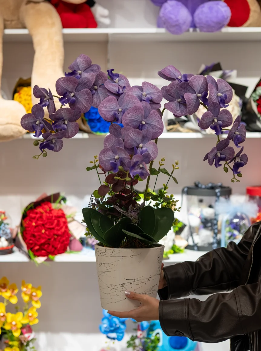 Yapay Islak Orkide Üç Dal Mor